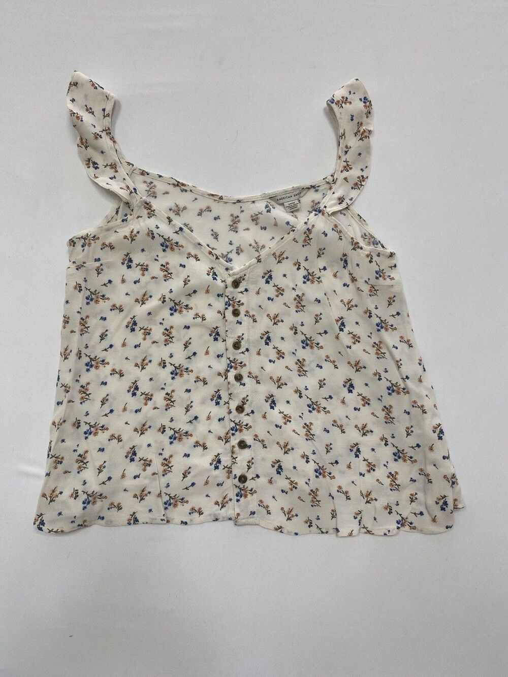 American Eagle Floral Ruffle Strap Tank Top Size Small Cream Boho Festival